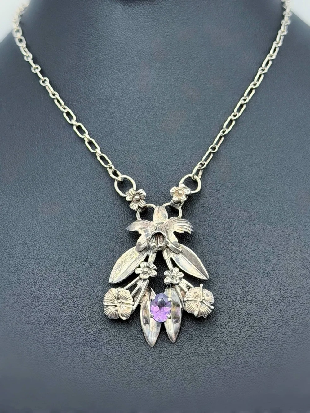Vintage 925 Sterling Silver 1.25Ct Natural Amethyst Stone Orchid Floral Necklace
